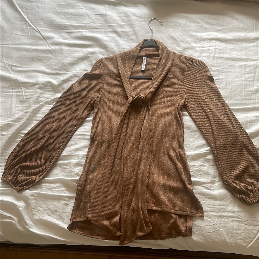 Brown Ribbed Sweater with Scarf Detail